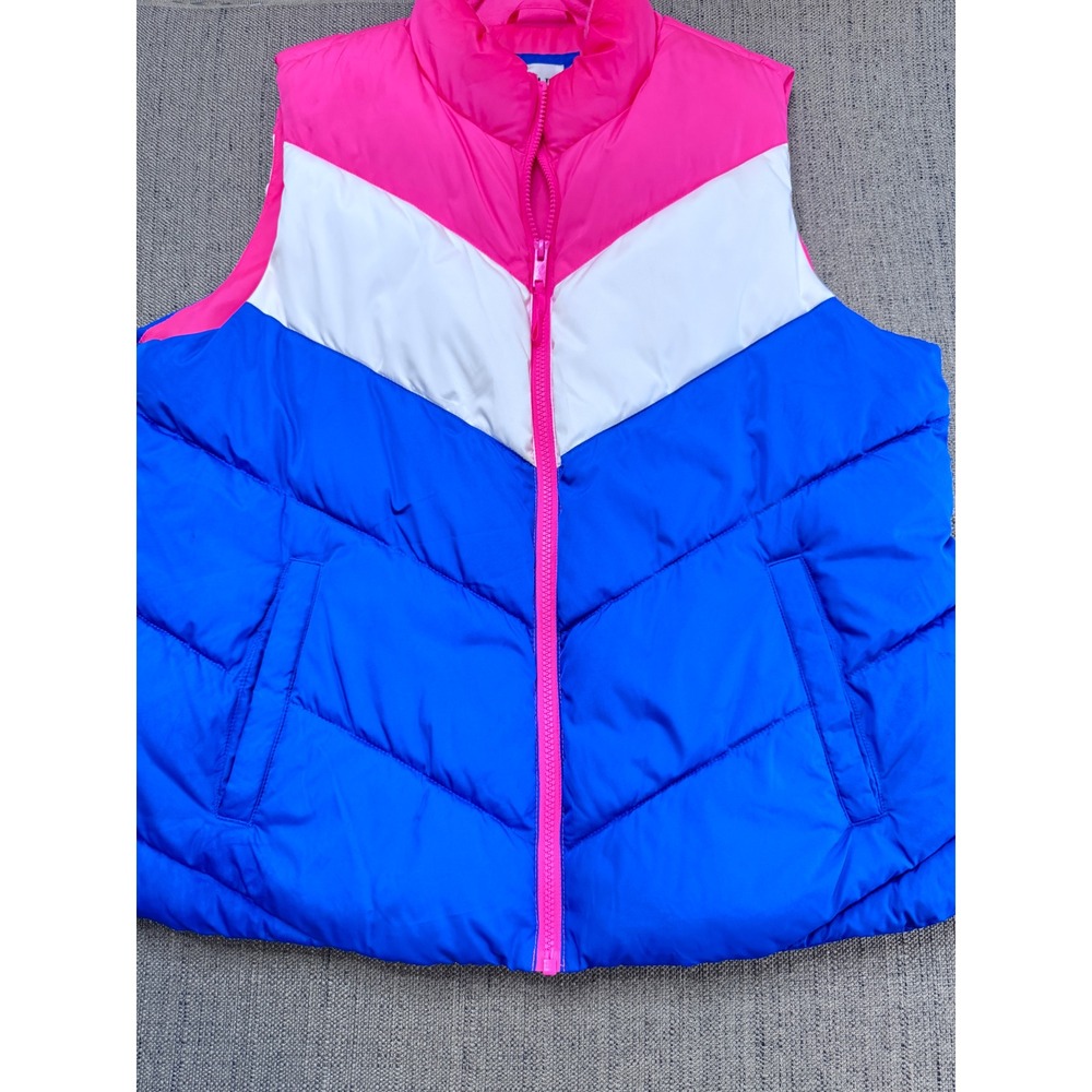 Gap Women XL Puffer Vest Colorblock Chevron Pink White Blue Full Zip Quilted